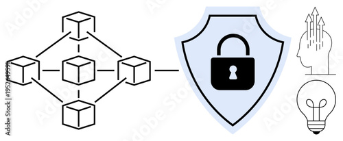 Blockchain security. Blockchain network linked to shield and lock icon emphasizing security. Blockchain systems ensure safe data, innovation, and efficiency. For fintech, technology, cybersecurity