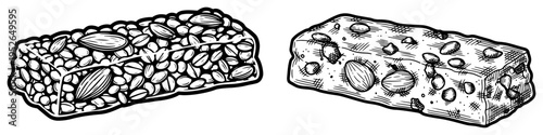Healthy granola bars and energy snacks with nuts and grains in vintage woodcut style