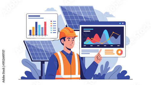 Solar Energy Analyst: A diligent analyst stands before solar panels, meticulously examining data visualizations to optimize sustainable energy solutions. 