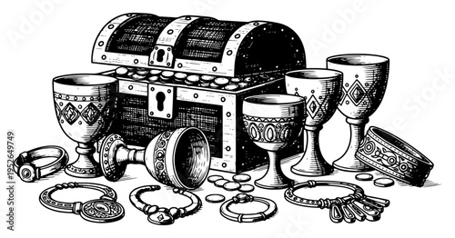 Wooden treasure chest filled with gold coins and luxury goblets in vintage style