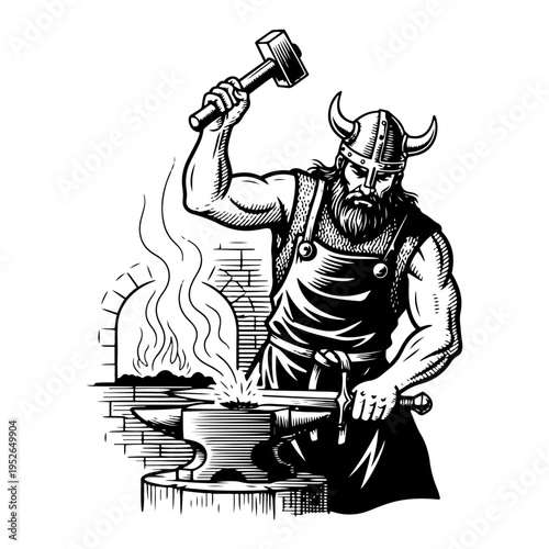 Vintage hand drawn engraving of a strong viking blacksmith forging metal on an anvil