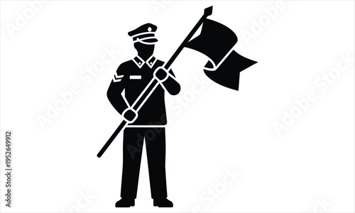 Black silhouette of a man holding a flag on a pole