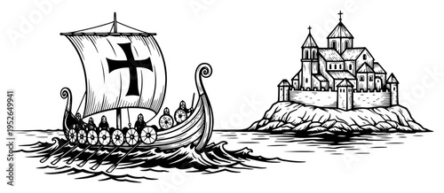 Viking longship sailing near a coastal castle fortress in vintage woodcut style