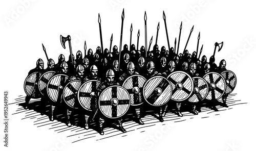 Vintage engraving of a large viking army marching with spears and shields
