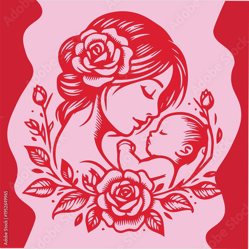 Artistic red and pink illustration of woman tenderly holding baby surrounded by roses symbolizing maternal love and care