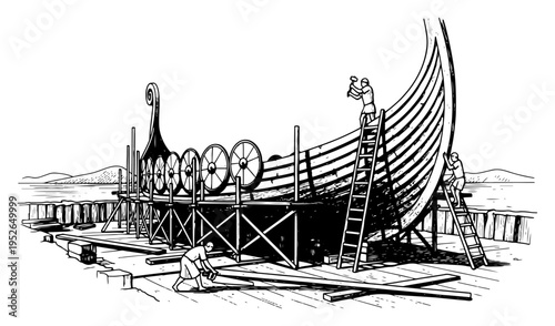 Construction of a wooden viking longship with workers in vintage woodcut style