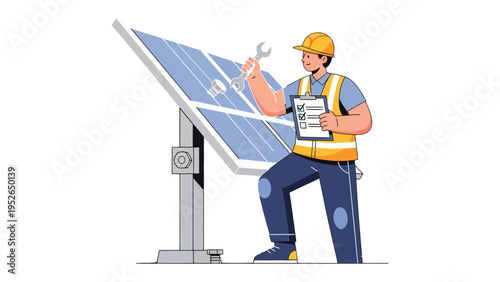 Solar Panel Technician: A skilled technician, equipped with tools, diligently inspects a solar panel, embodying expertise in renewable energy and sustainable practices.