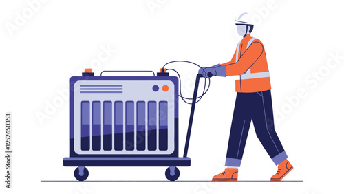 The Battery's Journey: A worker efficiently transports a large battery on a wheeled cart, highlighting themes of energy, power, and industry.