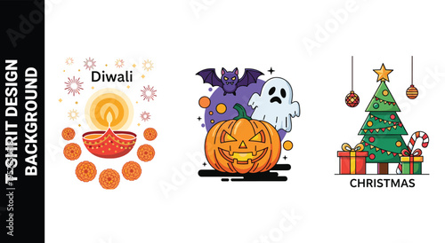 Diwali diya, halloween pumpkin, and christmas tree designs for holidays