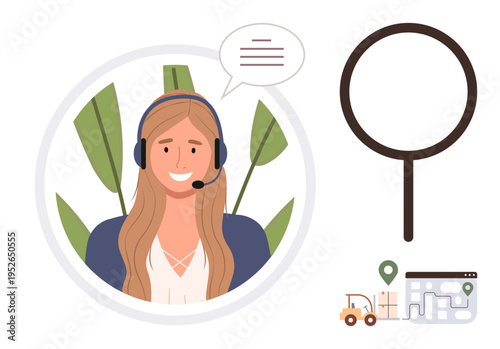 Customer service, logistics, delivery support, online communication, search tools, user assistance. Smiling agent with headset, speech bubble magnifying glass delivery icons. Customer service