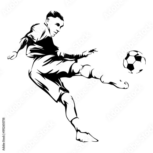 Black and white silhouette illustration of a male soccer player kicking the ball mid-air, dynamic sports stencil isolated on white background