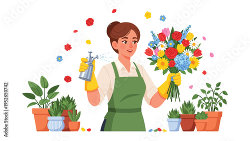 Blooming Bouquet Care: A florist, with expertise and care, meticulously tends to a vibrant bouquet. Surrounding potted plants contribute to a lively ambiance. 