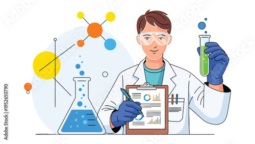 Scientific Study in Laboratory: A focused scientist is working on scientific studies with experiment tools in a laboratory, examining data and making important discoveries.