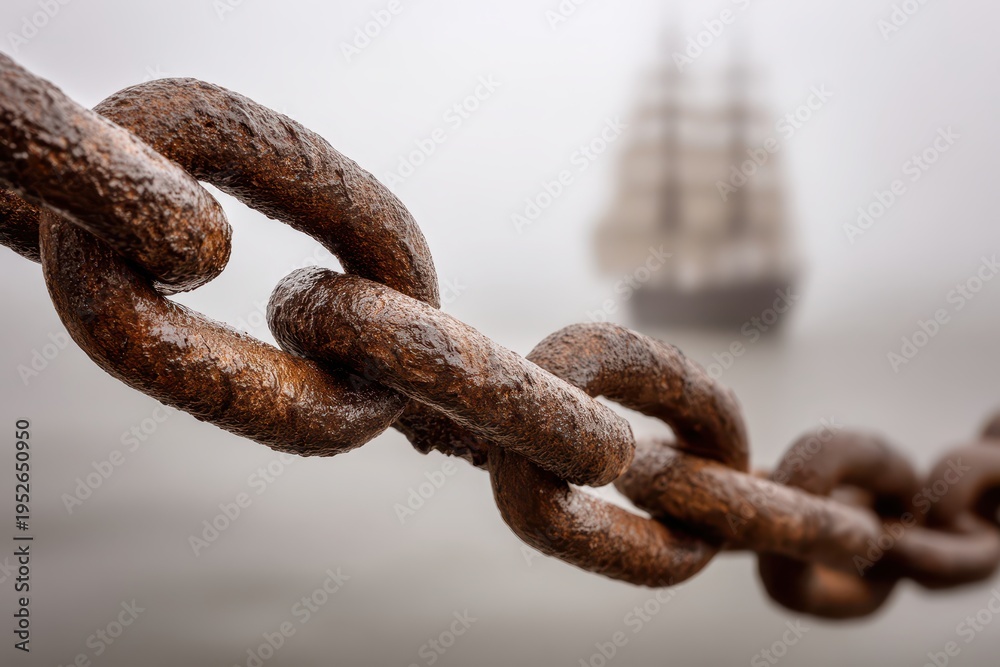 Fototapeta premium A rusted chain extends towards a blurry sailing ship in the misty distance, creating a sense of maritime history and weathered strength, highlighting the passage of time.