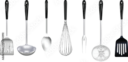 Detailed stainless steel kitchen utensils with plastic colored handles vector