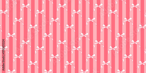 Pink Striped Coquette Seamless Pattern with Ribbon Bows. Cute repeat print for gift wrapping paper, fabric and textile. Girly and feminine background. Vector illustration