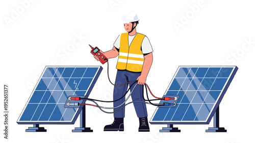Solar Panel Technician at Work: An skilled technician, adorned in safety gear, meticulously inspects solar panels, demonstrating precision and expertise in sustainable energy.