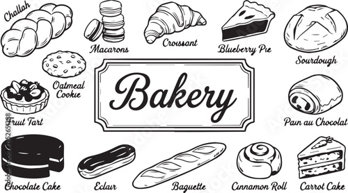 Bakery sign with various baked goods, including bread, pastries, cakes, and desserts, illustrated in a classic black and white style, perfect for culinary businesses or food-related designs.