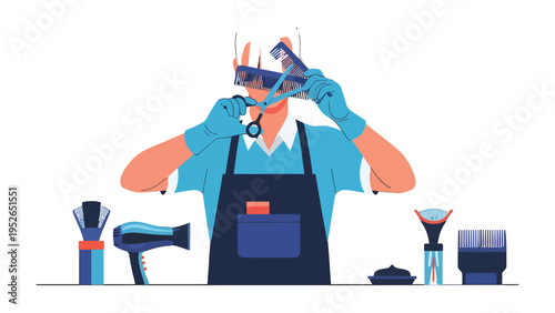 Hair Stylist with Tools Illustration: A barber or stylist is illustrated amidst various tools of the trade, demonstrating the art of hair styling and grooming.