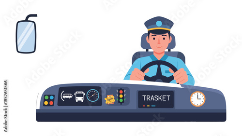 The Bus Conductor at Work: An illustration depicting a bus conductor in uniform, steering wheel in hands, diligently focused on navigating the bus. This image exudes a sense of professionalism.