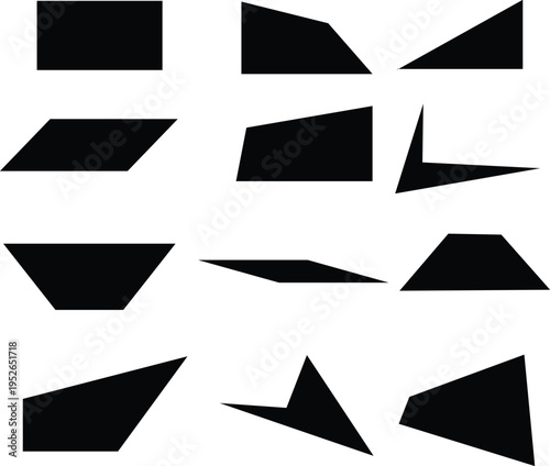 Abstract arrangement of various black geometric shapes on a white background