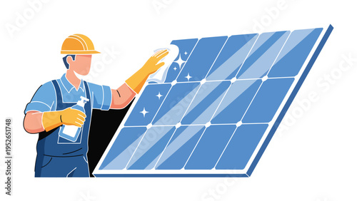 Solar Panel Cleaning Illustration: A skilled technician diligently cleans a massive solar panel using a spray bottle and cloth.