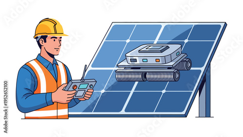 Engineer's Tech Innovation: An engineer, with a keen eye for technological advancement, is meticulously overseeing a robotic device cleaning solar panels to enhance efficiency and sustainability.