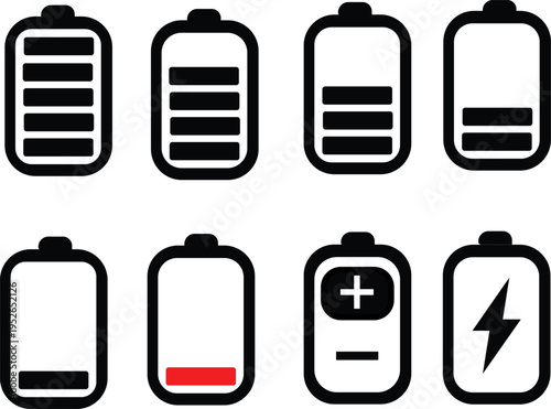 Four battery level indicators showing decreasing charge and two special icons
