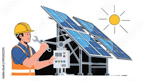 Solar Panel Technician: A skilled technician, equipped with necessary tools, diligently inspects and maintains a set of solar panels, harnessing the sun's energy for a sustainable future.
