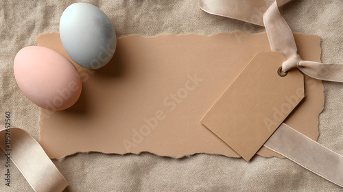 Torn Paper Easter Mockup with Pastel Eggs and Kraft Tag on Linen Background