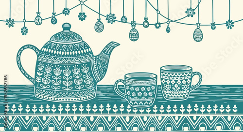 Whimsical teal and cream folk art style teapot and cups with festive string lights and decorative border evoking warmth and celebration for tea time gatherings and holiday events