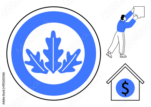 Finance concept. Blue leaf icon paired with home investment graphic reflects finance, eco-conscious business strategy, and investment management. For banking, savings, or eco-business