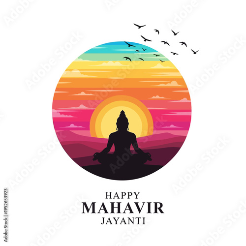 Mahavir Jayanti: Silhouette meditating at sunrise, birds flying, vibrant sunset sky