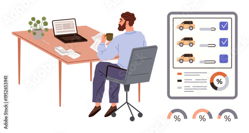 Business management, car evaluation, data analysis, remote work, decision-making, office productivity. Man at desk with laptop, papers graph charts car data evaluation. Business management and car