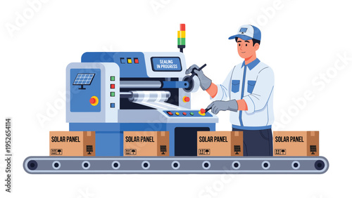 Solar Panel Manufacturing: An industrial worker meticulously oversees a sophisticated manufacturing process of solar panels. Boxes carrying finished product roll along the conveyor belt.