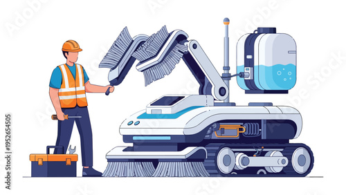 Robotic Cleaning and Maintenance: A technician interacts with an advanced cleaning robot, showcasing technological progress and the integration of automated solutions. 