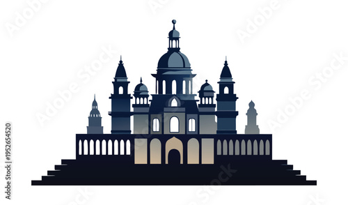 Ornate gothic style building with multiple domes and spires on a white background
