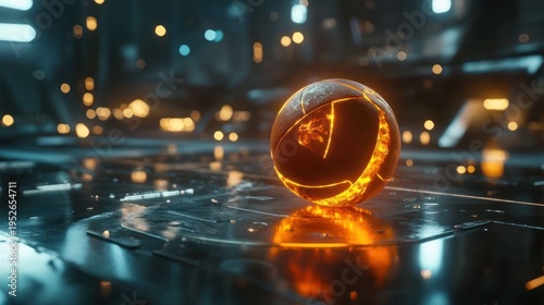 Fiery orb rests on futuristic metal floor