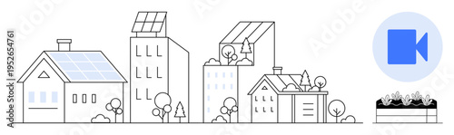 Eco-friendly living, renewable energy, sustainability, video communication, urban planning, green technology. Line art of buildings with solar panels and a video communication icon. Renewable energy