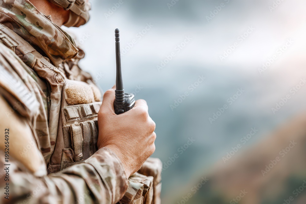 Obraz premium An army soldier holding a radio in his hand, wearing camouflage uniform and protective gear, with blurred background, ready for duty, communication equipment in hand.