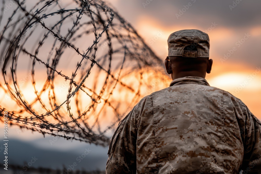 Fototapeta premium A soldier in camouflage stands against a barbed wire fence at sunset, embodying duty and vigilance, with a focus on protection and border security amidst global tensions.