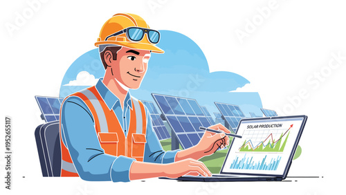Solar Energy Analyst at Work: An analyst, equipped with a safety helmet and glasses, delves into the intricacies of solar production using a laptop amidst a field of solar panels.