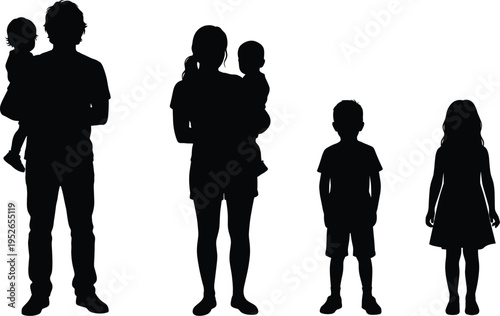 Family silhouette collection, parents holding babies, children standing together, happy family concept, parenting love, motherhood fatherhood, black isolated figures set