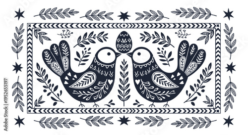 Two black and white birds with decorative feathers and leaves on easter day with stars