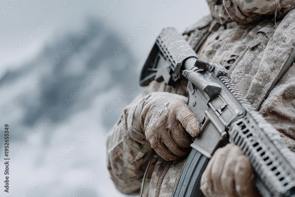 Fototapeta premium Close-up of a soldier holding an assault rifle in a snowy, cold, and dangerous environment, ready for combat in the harsh winter conditions. Ready to defend.