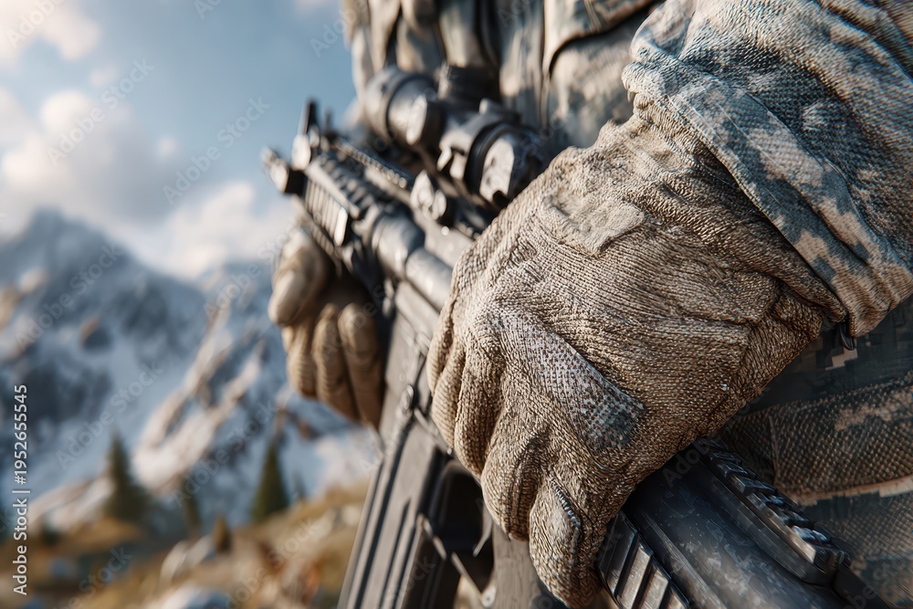 Obraz premium Close-up of a soldier holding a rifle with a scope, wearing camouflage uniform and gloves, set against a blurred mountain backdrop under a partly cloudy sky.