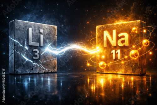 Lithium to sodium energy transition concept Li 3 slab cracked depleted to Na 11 amber pristine sodium ion spheres orbital transfer arc for sodium-ion battery alternative and grid storage innovation