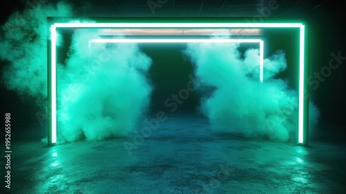 Neon green-blue light frames smoke-filled room