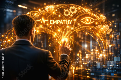 Business leader guiding glowing golden human capital network with empathy icon negotiation gears intuition eye over blue data grid representing emotional intelligence and career growth