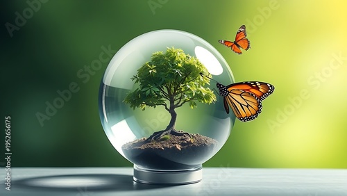 Crystal sphere containing a miniature tree with a butterfly nearby, set against a green gradient background.